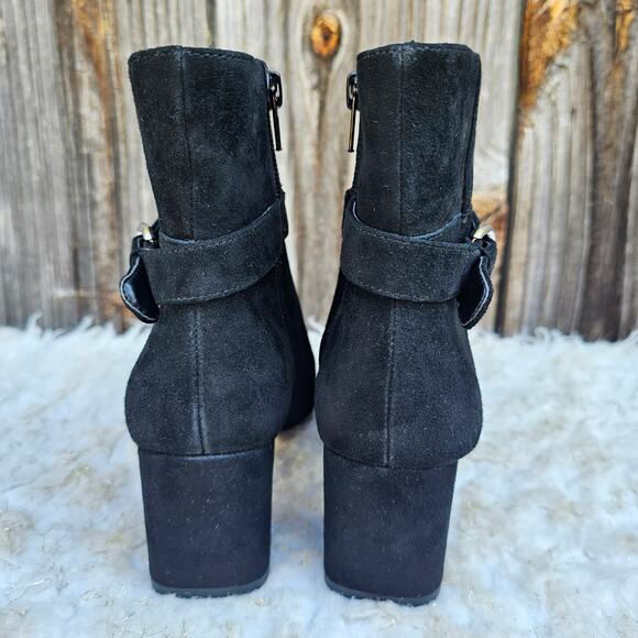 Black Suede Bootie Ann Taylor Breanna Size 6 Leather Harness Buckle Square Toe - Picture 6 of 13